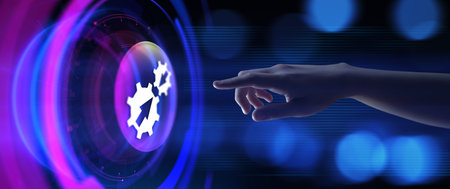 Integration data system technology concept. Hand pressing virtual button.