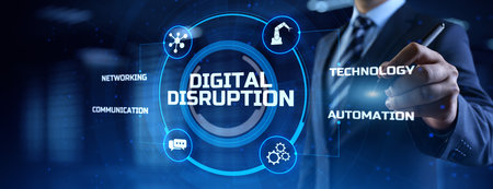 Digital disruption industry transformation technology revolution concept. Businessman pressing button on screen.の写真素材