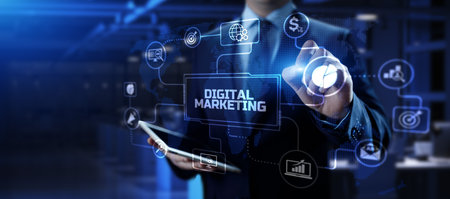 Digital marketing online internet SEO SEM SMM. Businessman pressing button on screen.の写真素材
