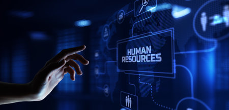 HR Human resources management Recruitment Headhunting. Hand pressing button on screen.の写真素材