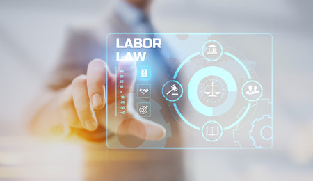Labor law. Attorney at law advocacy. Businessman pressing virtual button.の写真素材