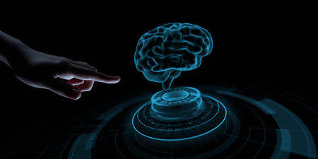 AI Brain Visualization in Human Hand for Data Processing and Machine Learning Insights, Business and Technology Concept.の写真素材