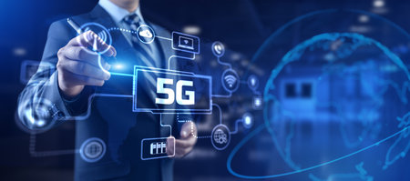 5G High-speed internet connection concept. Businessman pressing button on screen.の写真素材