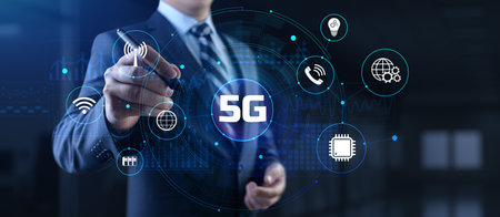 5G High-speed internet connection concept. Businessman pressing button on screen.の写真素材