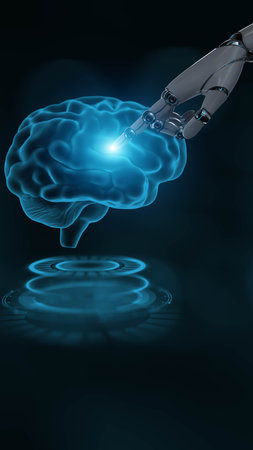 AI Brain Projection with Robot Hand, Business and Technology Concept. 3d render.