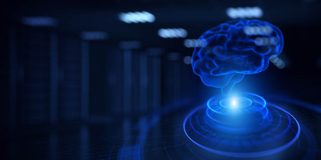 AI Brain and Neural Network Visualization on a Wide Banner, Business and Technology Concept. 3d render.の写真素材