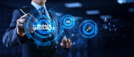 HR Human resources management Recruitment Headhunting. Businessman pressing button on screen.の写真素材