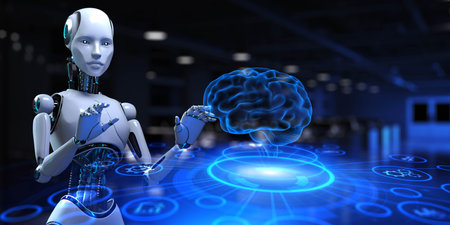 Advanced Robotic Trading Systems with AI-Driven Market Predictions. 3d render.