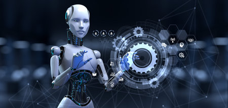 Robot Cyborg 3d render on blurred background. Innovation technology robotisation.