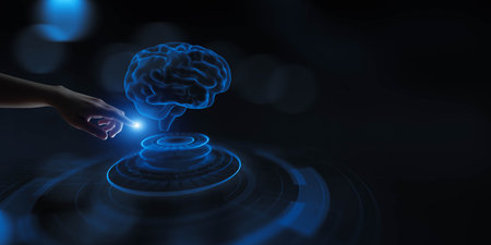 AI Brain Visualization in Human Hand for Data Processing and Machine Learning Insights, Business and Technology Concept.の写真素材