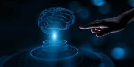 AI Brain Visualization in Human Hand for Data Processing and Machine Learning Insights, Business and...