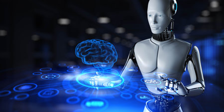 Advanced Robotic Trading Systems with AI-Driven Market Predictions. 3d render.