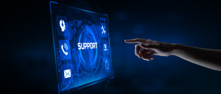 Technical support customer service guarantee quality assurance. Hand pressing button on virtual screen.の写真素材