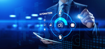 Automation innovation technology concept. Businessman pressing button on screen.