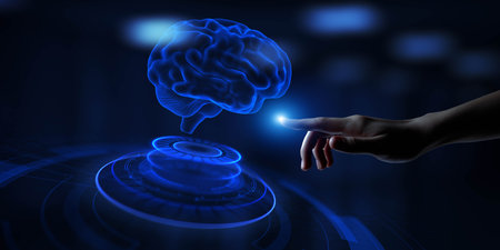AI Brain Visualization in Human Hand for Data Processing and Machine Learning Insights, Business and...
