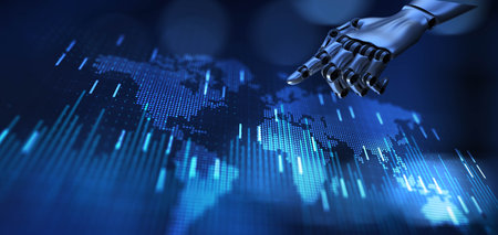 Robotic Hand Illustrating Interaction with Global Digital Maps and Advanced Data Visualization. 3d...