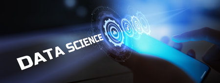 Data Science and Analytics Visualization with Gear Icons on Mobile Interface.