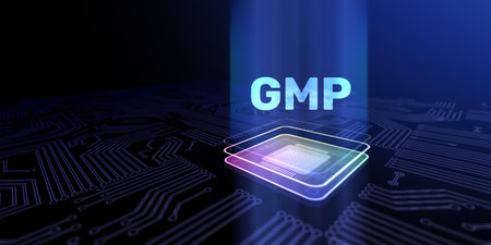 GMP Good Manufacturing Practice Ensuring Quality and Compliance Illustrated on a Processor, Business and Technology Concept.の写真素材