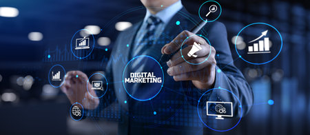 Digital marketing online internet SEO SEM SMM. Businessman pressing button on screen.の写真素材