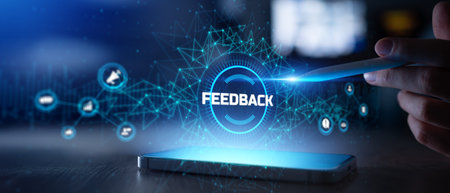 Customer Feedback and Business Evaluation Systems Illustrated on a Virtual Screen.の写真素材