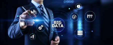 Big Data Analysis Analytics internet technology concept. Businessman pressing button on screen.の写真素材