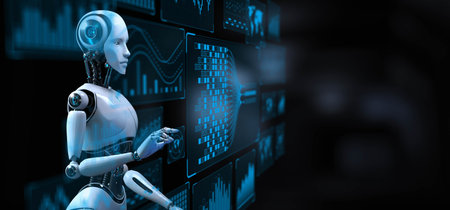 AI Robot with Big Data Analytics Dashboard for Business and Technology Concept. 3d render.