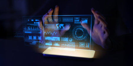 Futuristic Touchscreen Interface with Digital Data Visualization and Analytics Dashboard.