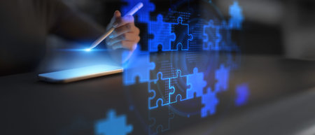 Passionate Digital Puzzle and App Development Concept with Interactive Tablet Interface.