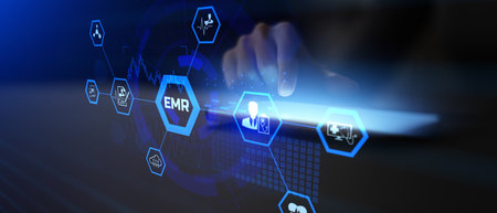EMR Electronic Medical Records System and Digital Healthcare Data Management Illustrated as Modern Technology Concept.の写真素材