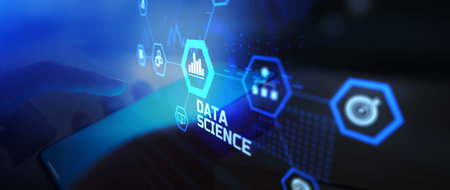 Data Science and Analytics Concept Illustrated with Digital Hexagonal Interface on Touchscreen.の写真素材