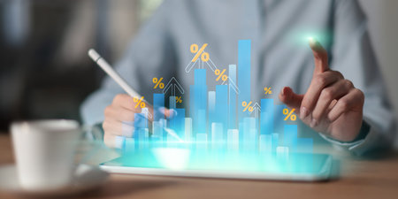 Financial Growth Metrics and Percentage Analytics Projected on Virtual Screen as Wide Business and...