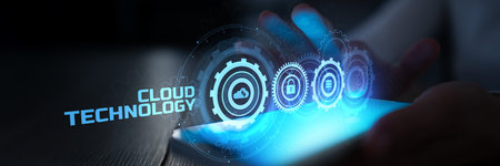 Cloud Technology Solutions and Cybersecurity Illustrated on a Virtual Touchscreen Panel.