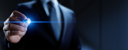 Businessman pressing button on virtual screen, Innovation and Digital Touch Interaction on Futuristic Technology Interface.の写真素材