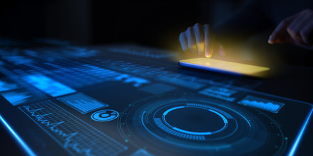 Futuristic Touchscreen Interface with Digital Data Visualization and Analytics Dashboard.
