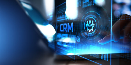 Customer Relationship Management System Interface with Analytics Tools on Virtual Screen.