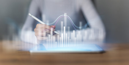 Interactive Data Visualization and Business Analytics Interface Projected on Virtual Screen.の写真素材