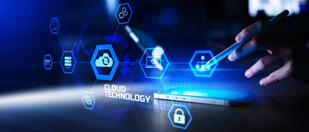 Cloud Technology and Data Synchronization Infrastructure Visualized on Digital Interface.