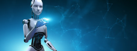 Humanoid Robot with Artificial Intelligence Gesturing in a Futuristic Digital Environment 3d render.