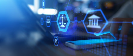 Digital Justice and Legal System Interface with Law and Court Icons.
