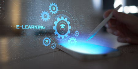 E-Learning and Online Education System Displayed in Digital Gear Interface.