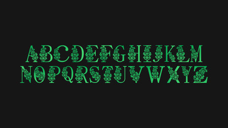 Christmas and New Year font. English alphabet from green snowflakes.のイラスト素材