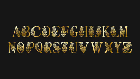 Alphabet made of golden snowflakes on black background. Vector illustration.のイラスト素材