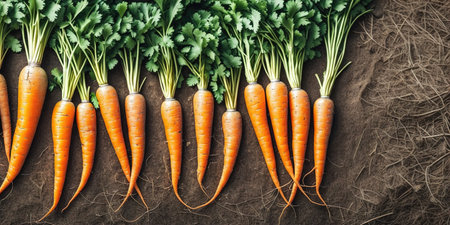 Fresh carrots with green leaves on soil background. Top view, copy spaceの写真素材