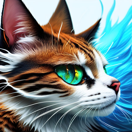 Cat with green eyes and blue hair on a blue background. 3d renderingの写真素材