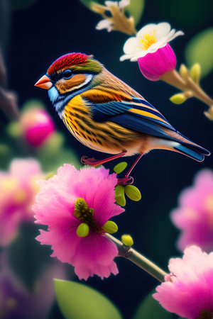 close up of a beautiful bird on a pink flower in the gardenの写真素材
