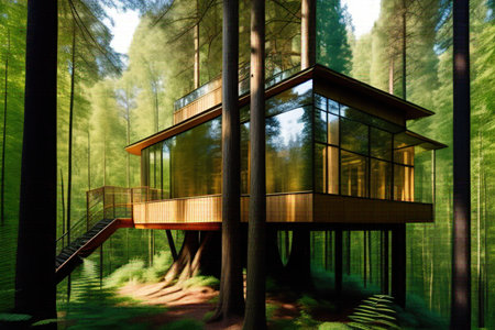 abstract scene of a modern house in the forest with trees and plantsの写真素材