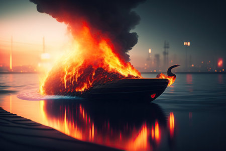 Flaming boat on the water. Disaster concept. 3d renderingの写真素材