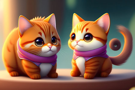 Two cute cats in a purple bandana. 3D rendering.の写真素材