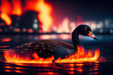 Duck swimming in the lake with fire on the background of the cityの写真素材