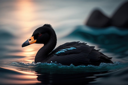 Black duck swimming in the sea at sunset. 3d illustration.の素材